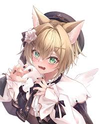 taaka, kurumi noah, kurumi noah (4th costume), vspo!, absurdres, highres,  1girl, animal ears, black hat, black nails, blonde hair, blush, fang,  flower, green eyes, hair flower, hair ornament, hat, looking at viewer,