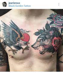 American Traditional Eagle And Wolf Tattoos By Jeanleroux Traditional Chest Tattoo Chest Tattoo Designs Neo Traditional Wolf Tattoo