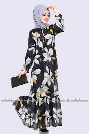 Beli Buzgulu Cicekli Elbise 1179ant317 Siyah Gri Modaselvim Fashion Hijab