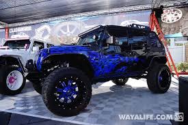 Black And Blue Wheels For Jeep Wrangler 2014 Sema All Out Off Road Purple Blue Flame Black Jeep Jk Wrangler Unlimited Jeep Jk Dream Cars Jeep Blue Jeep