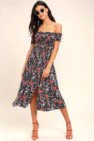 View From The Meadow Black Floral Print Off The Shoulder Dress In 2020 Black Floral Print Dress Floral Print Maxi Dress Floral Print Midi Dress