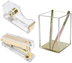 Desk accessories, contemporary desk items and office gifts at discount prices. Amazon Com Clear Gold Desk Accessories Organizer Set Tape Dispenser Stapler Staples Pen Organization Pencil Holder Desktop Acrylic Office Supplies Collection Gold Home Improvement