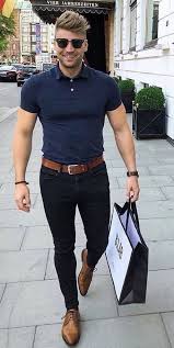 Black And Brown Outfits Male Summer Outfit Idea With A Navy Polo Shirt Brown Leather Belt Dark Wash Denim Black Leather Banded W Polo Shirt Outfits Spring Outfits Men Polo Shirt Outfit Men