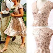 Real Image Knee Length A Line Rose Gold Sequin Bridesmaid Dress V Neck Zipper Ca Rose Gold Sequin Bridesmaid Dress Sequin Bridesmaid Dresses Sequin Party Dress