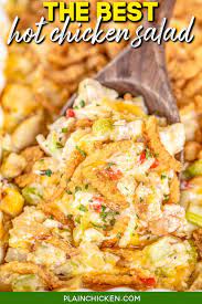 Transfer to the baking dish, and top with cheddar cheese and crushed potato chips. The Best Hot Chicken Salad Plain Chicken