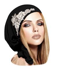 Black Pre-tied Headscarf: Silver Floral Applique Boho Bandana