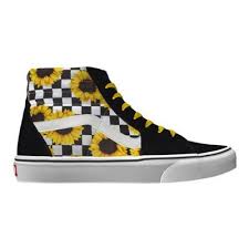 Black And White Checkered Vans With Sunflowers Customs Sunflowers Sk8 Hi Vans Vans Women In 2020 Vans Womens Vans Vans Sk8 High