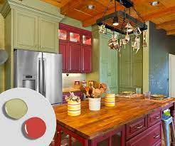 Here, it travels down the walls and across. 12 Kitchen Cabinet Color Combos That Really Cook Country Kitchen Cabinets Kitchen Cabinet Colors Red Kitchen Cabinets