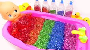 How to bathe a baby videos pretend play. Baby Doll Bath Time Learn Colors With Rainbow Glitter Slime Shower Bath Play Diy How To Make For Kid Youtube