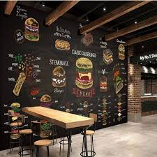 Custom Mural Hand Painted Colored Chalk Burger Picture Mural Custom Kitchen Fast Food Shop Cafe Wal In 2020 Small Restaurant Design Cafe Interior Design Hamburger Cake