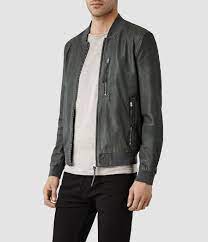 Mens Blythe Leather Bomber Jacket Slate Grey Allsaints Com Jackets Bomber Jacket Leather Bomber Jacket