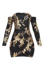 Black Floral Sequin Bardot Bodycon Dress Bodycon Floral Dress Cocktail Dresses With Sleeves Sequin Cocktail Dress