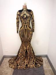 Black And Gold Formal Evening Gowns Gold And Black Long Sleeves Mermaid Black Girl Prom Dresses 2019 Elegant High Neck African Formal Evening Gowns Graduation Dress Prom Girl Dresses Black Girl Prom Dresses Evening Gowns Formal