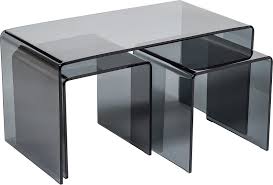 The sambar coffee table is a beautifully sculptural piece, combining a solid wood base with a transparent glass top. Modena Stylish Set Of 3 Curved Black Glass Coffee Tables Modern 12mm Bent Glass Living