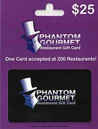 A phantom gourmet gift card holds a special place in the hearts of new englanders who enjoy good dining at restaurants throughout the region that has the phantom's reviewers go unannounced to restaurants, remain anonymous (if they can) order a variety of foods and then deliver a report card. Amazon Com Phantom Gourmet Gift Card 25 Gift Cards