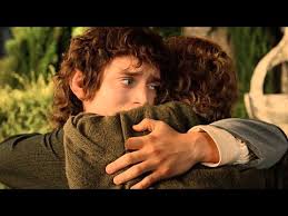 Bilbo and Frodo farewell to Sam, Pippin and Meerri, then sail west across  the sea
