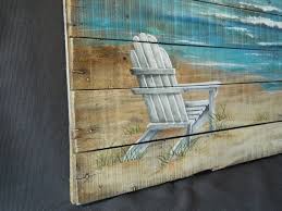 Wood Pallet Beach Wall Art Beach Hand Painted Seascape Horizon Ocean Extra Large Reclaimed Distressed Adirondack Chair Shabby Chic Wood Pallet Art Pallet Painting Pallet Art