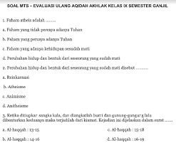Bentuk soal pada soal aqidah akhlak mts kelas 9 semester 1 ini terdiri dari 40 butir soal pilihan ganda dan 5 butir soal essay (uraian). Contoh Soal Uas Akidah Akhlak Kls 9 Mtsn Smp It Semester 1 File Guru Now