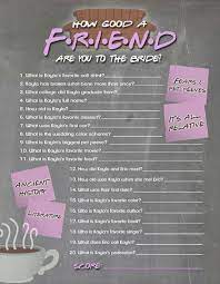 Quiz yourself with questions about friends' characters ross, rachel, chandler, monica, joey and phoebe. Friends Tv Show Trivia Bridal Shower Game Printable How Well Etsy Bride Shower Friends Bridal Shower Friends Bridal