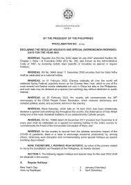 August 21, sunday, ninoy aquino day ; Proclamation No 1236 Declaring The Regular Holidays And Special Working Non Working Days For The Year 2022 Presidential Communications Operations Office