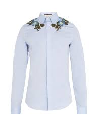 Gucci Floral Embroidered Cotton Shirt In Blue Modesens Slim Fit Mens Shirts Gucci Floral Chambray Fashion