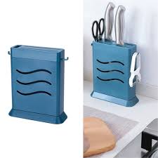 Kitchen Multifunctional Three-Hole Invisible Knife Holder Hollow Drain  Kitchenware Storage Rack(Dark Blue)