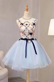 Vintage Light Blue Flower Short Princess Homecoming Dress Party Dresses Mini Dress N2178 Gaun Perempuan Pakaian Wanita Gaya Model Pakaian
