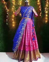 While one mixes different shades of pink with it, the other one is shades of blue paired with pink, and both. Aanyasri On Instagram Pink And Blue Classic Combination Of Kanchi Look Alike Banaras Silk Lehenga Half Saree Lehenga Half Saree Designs Lehenga Saree Design