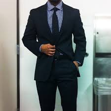 Black And White Check Coat Pant Navy Suit Blue Gingham Shirt Navy Tie Mens Outfits Blue Gingham Shirts Well Dressed Men