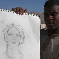 A man sitting in front of a painting of a woman. Drawing artist street  artist, emotions.