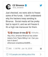 The exchange does keep much of the users' funds in cold storage and provides several means for users to protect their accounts. Binance Freezes Stolen Cryptopia Funds Cryptocurrency