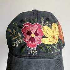 Hand Embroidered Hat Floral Wreath Stitched Embroidery Baseball Cap Women S Black Vintage Washed Denim Hand Embroidered Embroidered Hats Embroidery Stitches