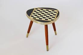 Flower Stool With Checker Board Motif Vintage Flower Table 50 S 60 S Coffee Table Three Leg Kidney Shaped Table Era Blumenhocker Hocker Vintage