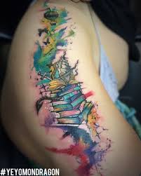 We specialize in everything from watercolor tattoos, black and grey photorealism tattoos, portrait tattoos, traditional tattoos, full color tattoos, tribal tattoos, new school, custom lettering tattoos and much more! Fairy Tale Book Theme Watercolor Tattoo By Yeyo Mondragon Imgur
