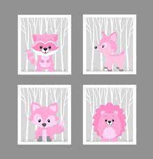 Woodland Animals In Pink Raccoon Hedgehog Fox Deer Customize Colors 8x10 Prints Set Of 4 Nursery Decor Prin Nursery Decor Prints Baby Room Art Nursery Decor