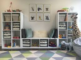 Playroom Toddler Room Baby Animals Blue Gray White Gold Ikea Kallax Toy Storage Land Of Nod World Marke Boys Bedroom Storage Toddler Bookshelves Boy Room