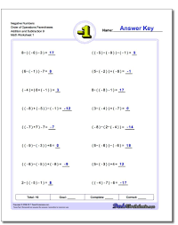 Negative Numbers Order Of Operations Parentheses Addition Worksheet And Subtraction Wo Negative Numbers Worksheet Negative Numbers Subtracting Negative Numbers