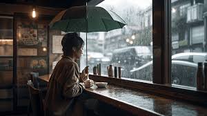 Ly cà phê đặt cạnh ô cửa kính nhìn ra mưa