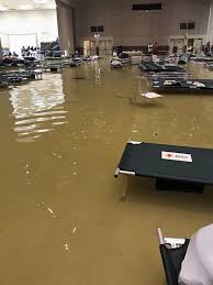 德州亞瑟港30日降雨盈呎 充作災民收容中心的包爾斯市民中心也遭水患 臨時搭建的睡床也泡在水中 美聯社 texas coast caribbean florida