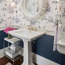 White And Navy Powder Room With Nautical Wallpaper Nautical Bathroom Decor Bathroom Wallpaper Nautical Bathroom Design