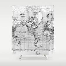 Black And Gray World Map Shower Curtain Fabric Bathroom Etsy Fabric Shower Curtains Curtain Fabric Black And Grey