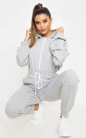 Grey Long Sleeve Hooded Sweat Jumpsuit Grey Long Sleeve How To Wear Lounge Wear Photoshoot