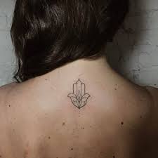 Hand Poked Hamsa Tattoo On The Upper Back Tattoo Artist Ann Hamsa Hand Tattoo Small Hand Tattoos Neck Tattoo