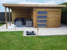 Tuinhuis Met Schuifdeur Plat Dak En Overdekt Terras Abri De Jardin A Toit Plat Avec Porte Co Tuinhuizen Tuinhuisje Achtertuin Zwembad Landschapsarchitectuur