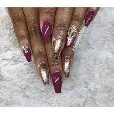Burgundy And Rose Gold Glitter Coffin Nails Gold Nails Gold Acrylic Nails Coffin Nails Designs