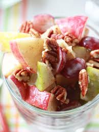 Then everything is mixed into peach pie filling and spooned into a beautiful serving bowl. Autumn Fruit Salad With Cinnamon Greek Yogurt Dressing Kitchen Treaty Recipes