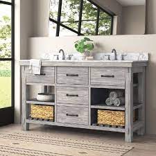 The reclaimed pine vanity and iron hardware play off the patterned tile floor and ship lap walls for a contemporary eclectic mix. 9 Rustic Farmhouse Bathroom Vanity Ideas To Add Country Charm