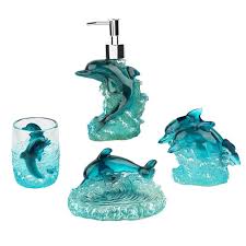 Shower curtains, towels, rugs, everything possible. Viagasafamido Bathroom Accessories Set 4 Piece Resin Dolphin Leaping Bath Accessory Completes With Lotion Dispenser Soap Dish Tooth Cleaning Cup Toothbrush Holder Amazon In Home Kitchen