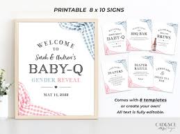 BABY-Q Gender Reveal Signs, BBQ Baby Shower Signs, Babyq 8 X 10 Food Signs,  He or She, Blue or Pink, Printable Signs, Editable Signs, Q2GR