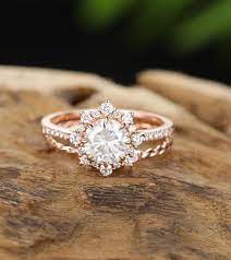 Moissanite Engagement Ring Set Rose Gold Unique Vintage Halo Etsy Engagement Rings Wedding Bands Set Unique Engagement Rings Rose Gold Vintage Engagement Rings Unique